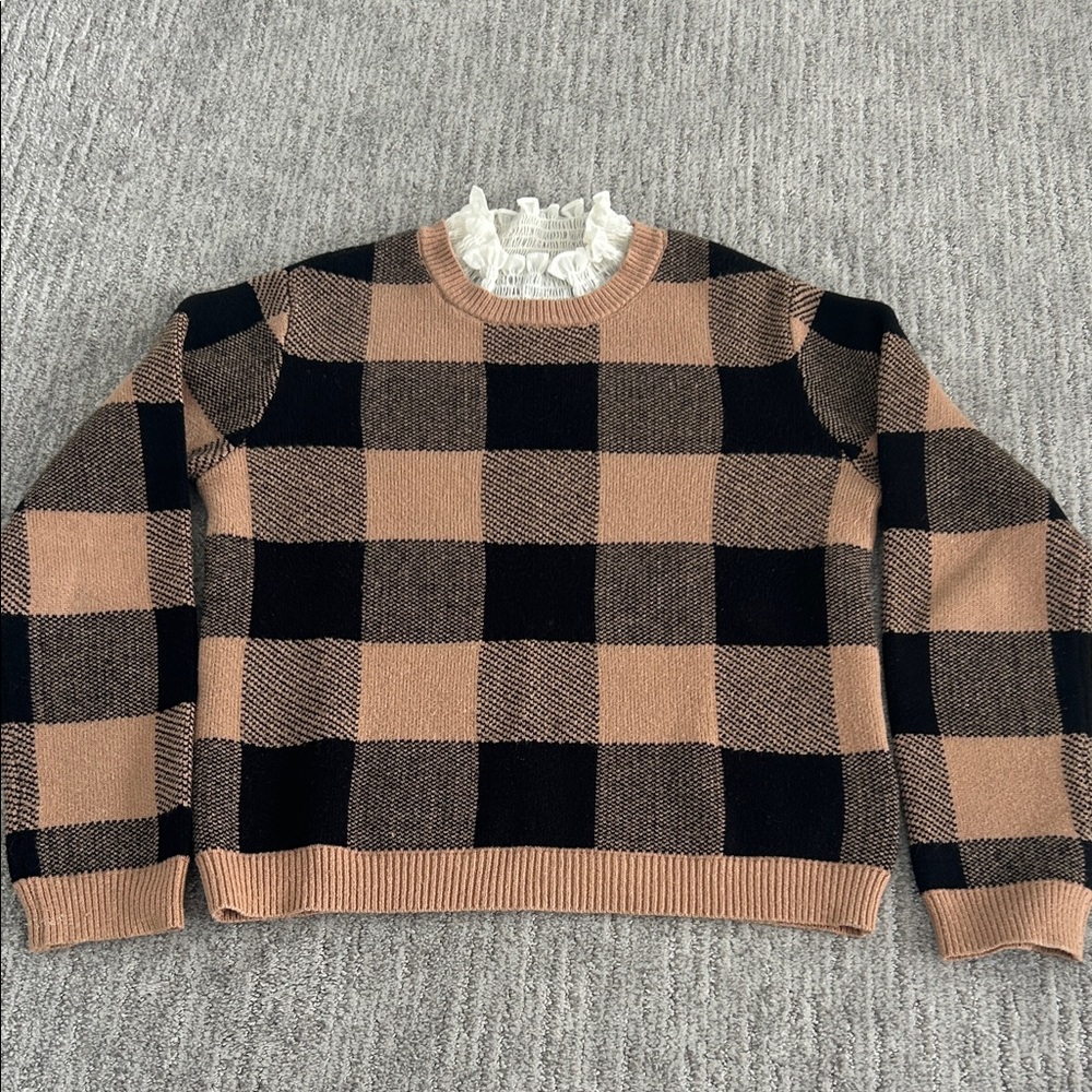 Anthropologie Black and Tan Plaid Women's Sweater